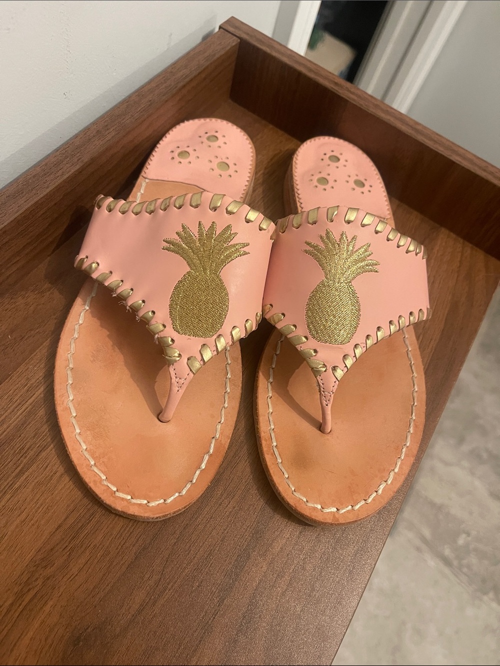 Jack Rogers Pink Leather Pineapple Thong Sandals